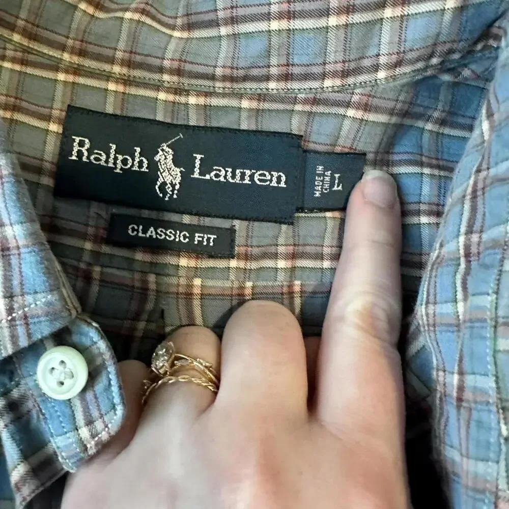 Ralph Lauren light blue plaid 100% cotton button up shirt